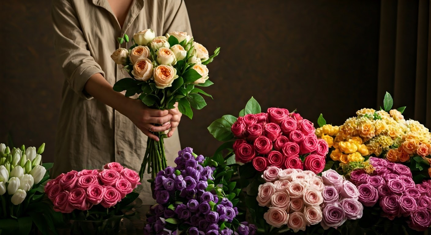 Person selecting a bouquet of flowers.