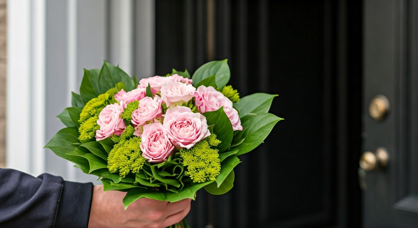 Flower delivery at a doorstep.