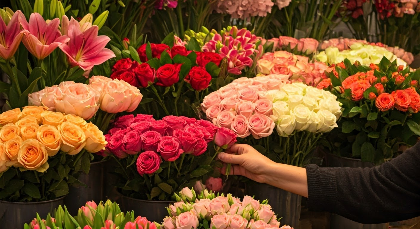 Person selecting flowers in a shop.