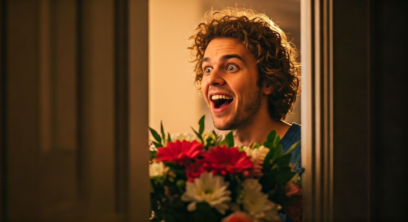 Person receiving flowers at doorstep.