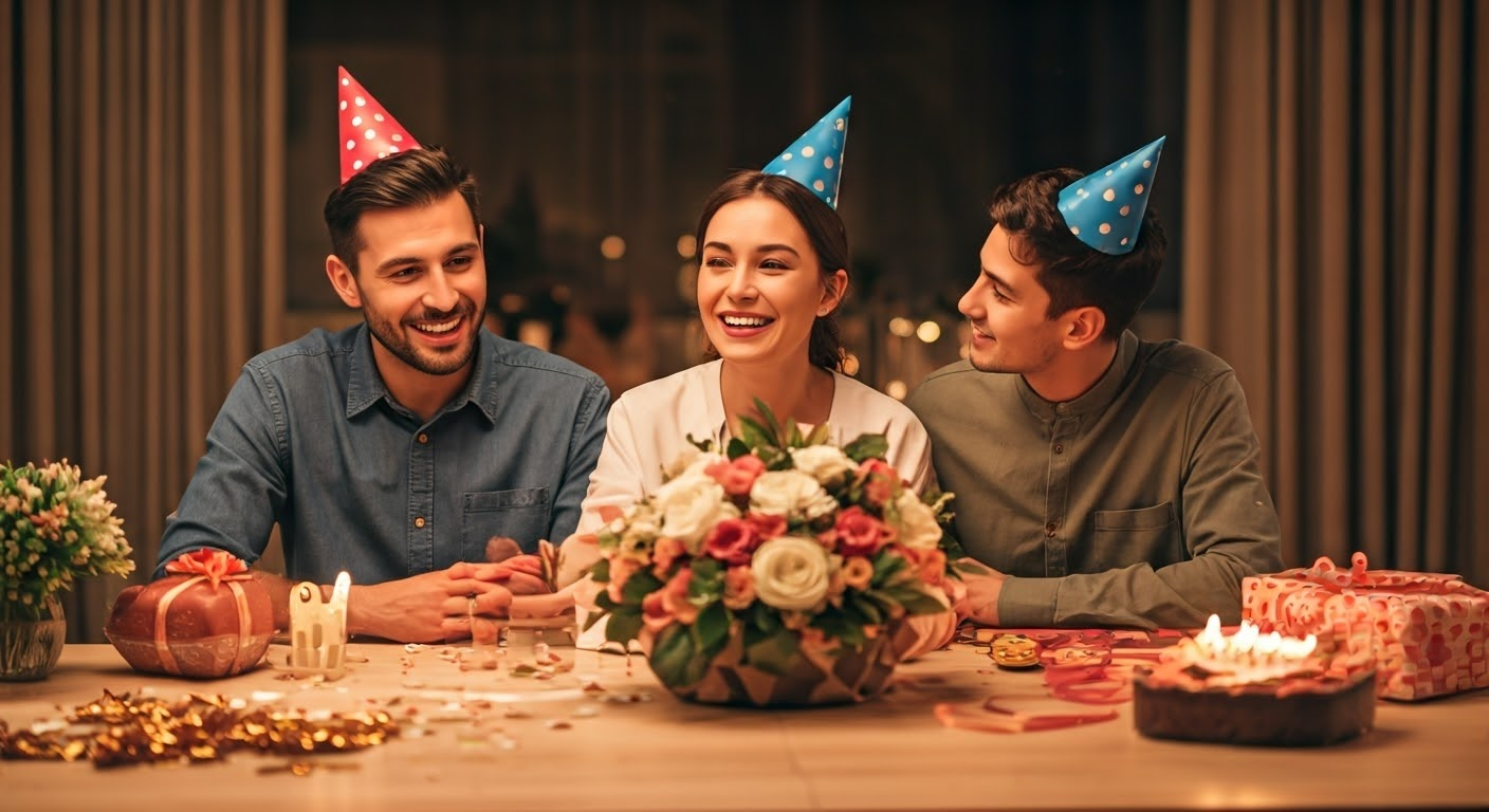 Family celebrating a birthday with flowers.