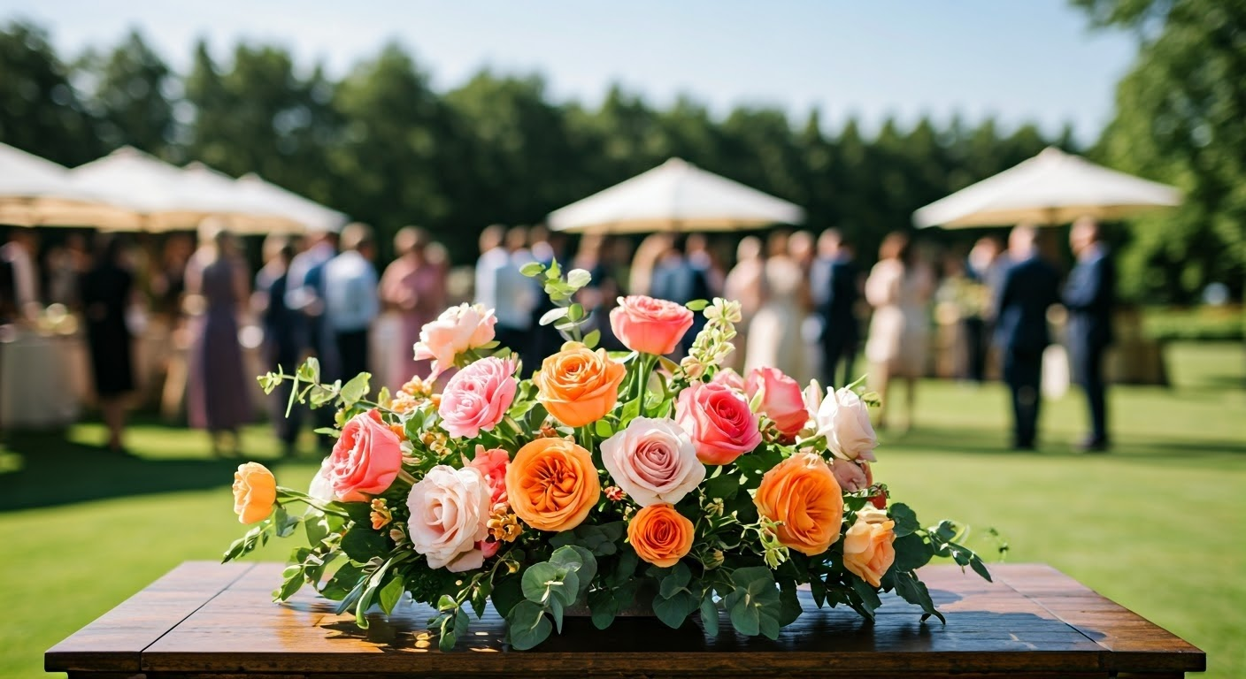 Wedding floral arrangement at outdoor venue