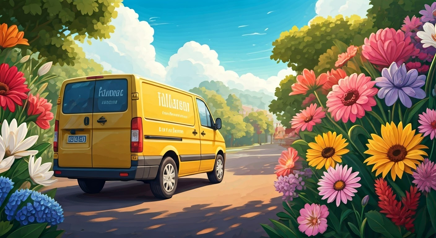 Colorful flowers and delivery van illustration.