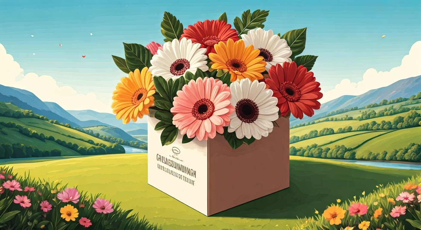 Flowers in a delivery box with scenery.