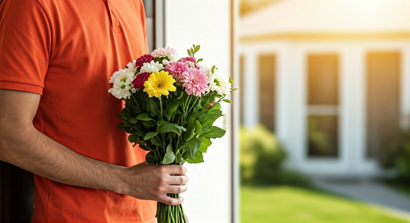 Delivery person with bouquet at doorstep.