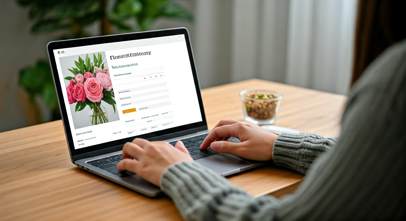 Ordering flowers online on a laptop.