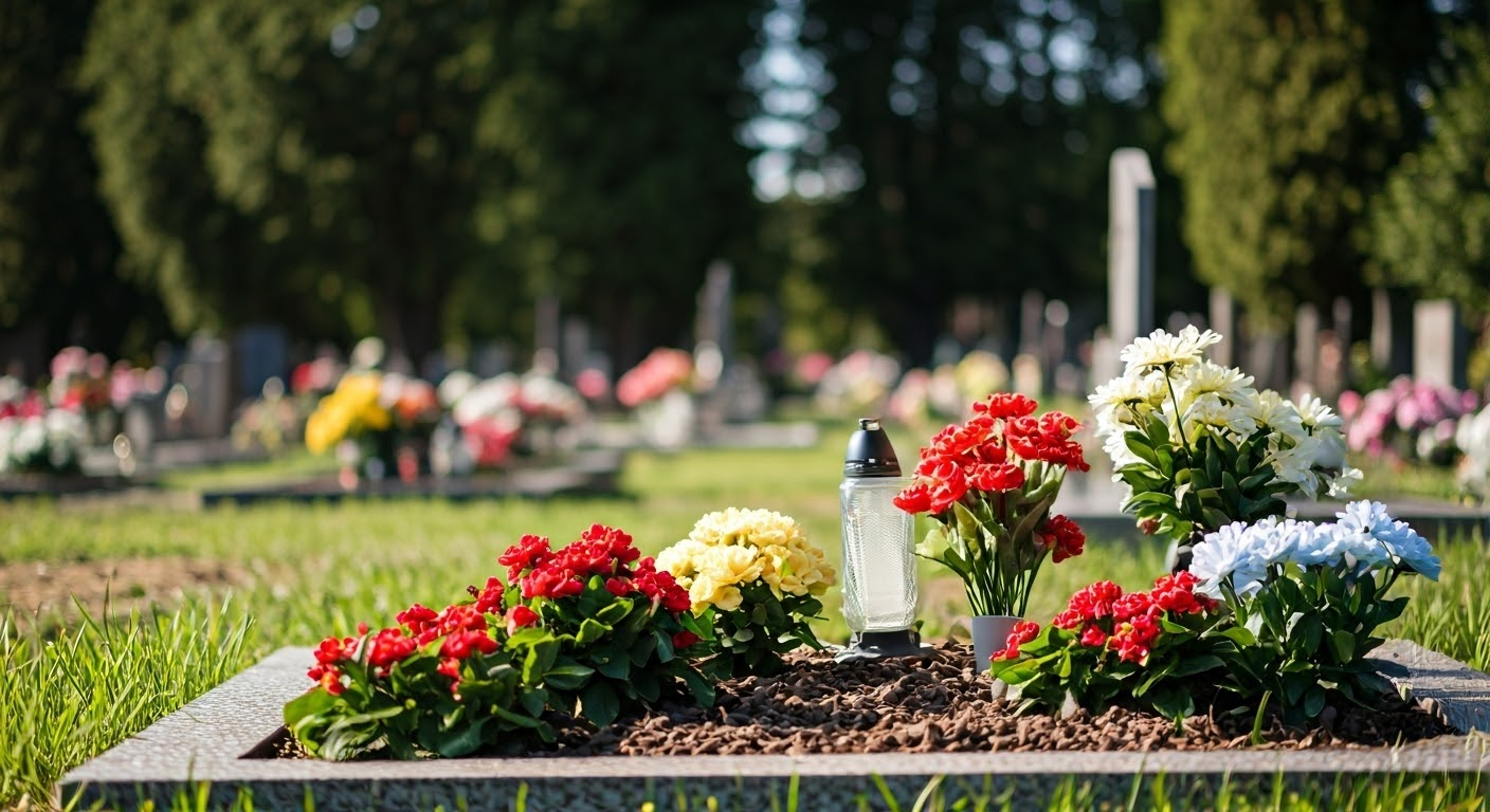 Vibrant flowers in a cemetery setting.