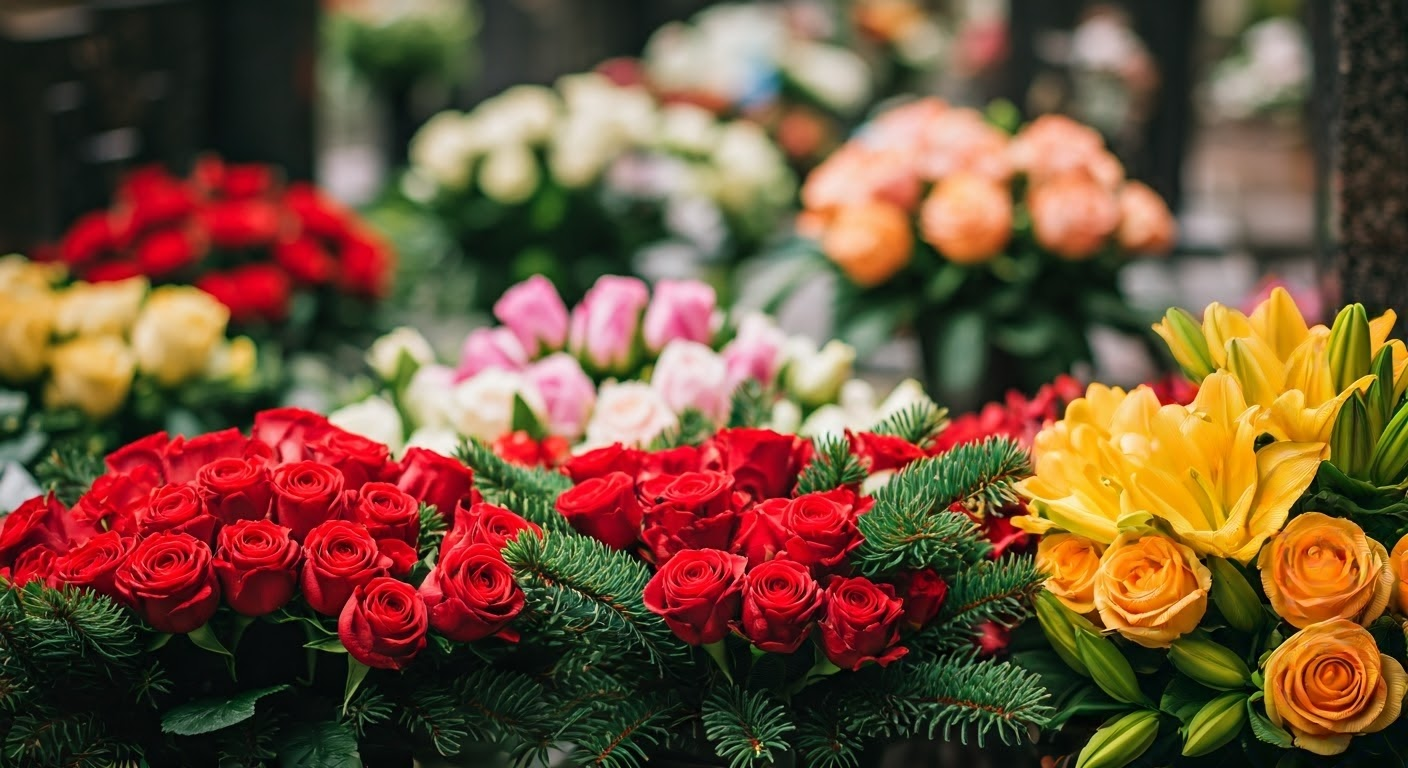 Selection of seasonal cemetery flowers.