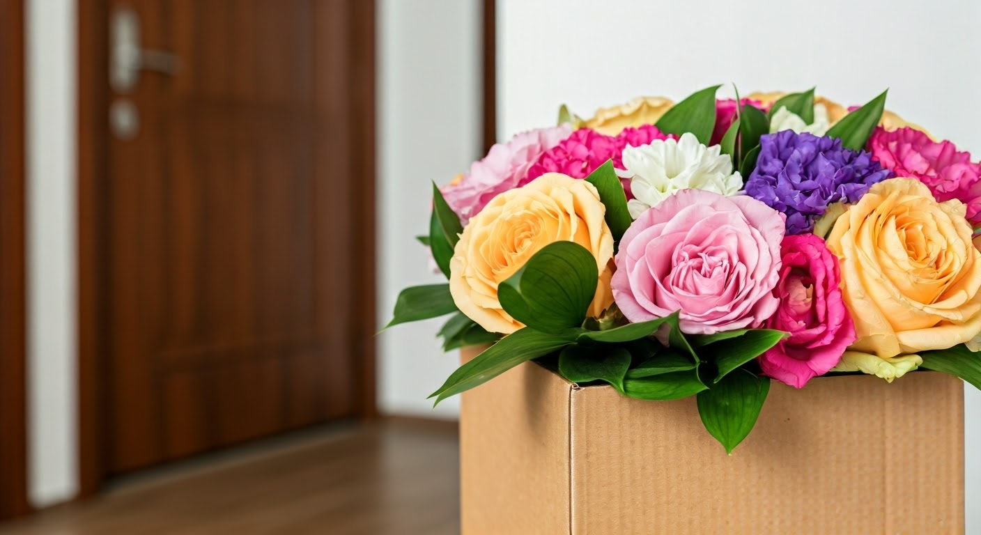 Bouquet in delivery box at home entrance.