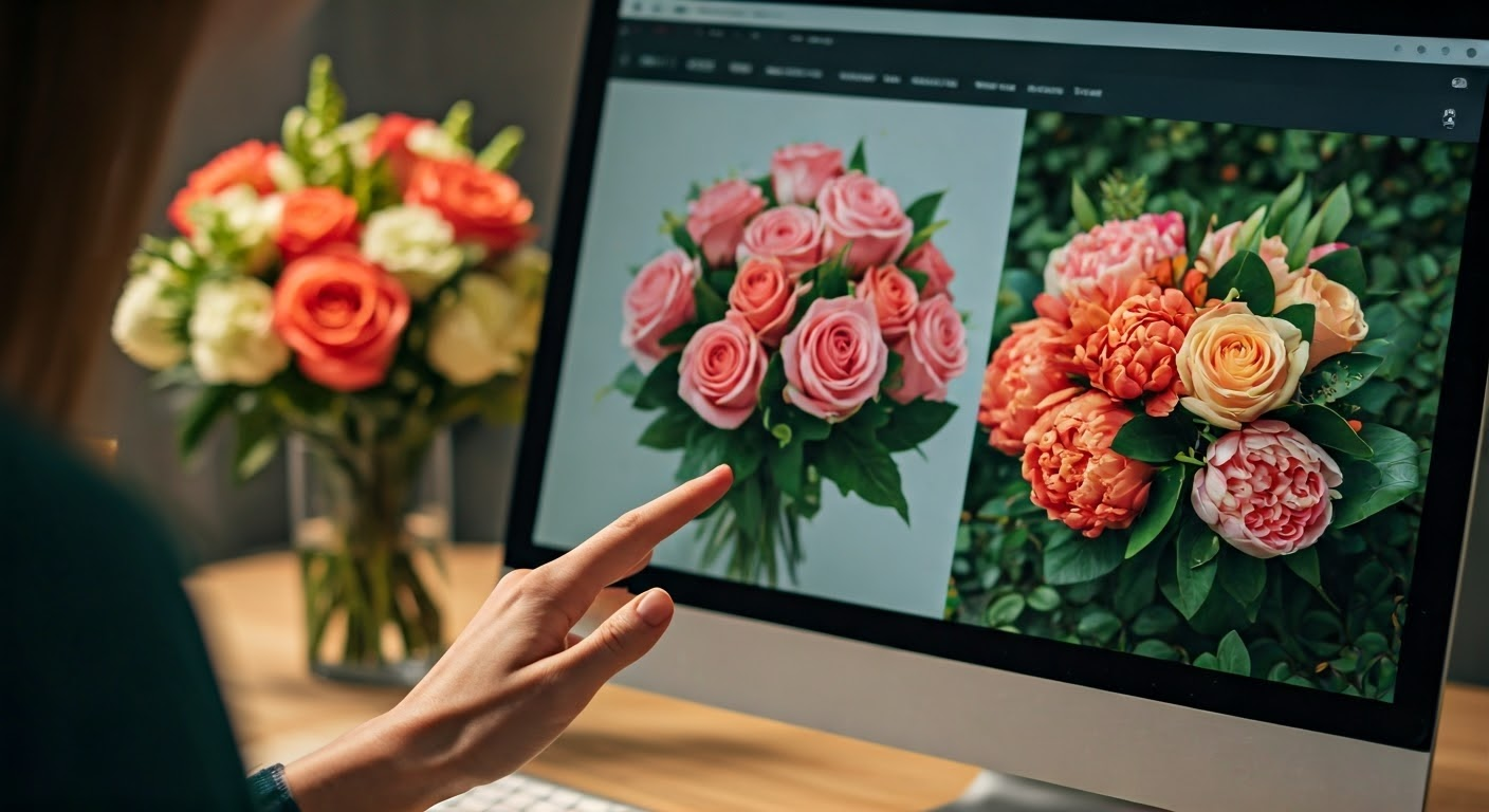 Person selecting bouquet online.