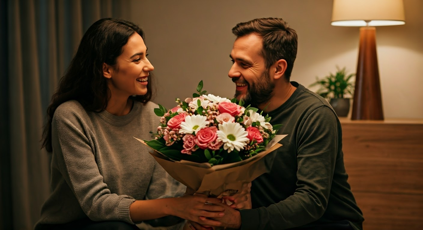 Customer receiving flower delivery.