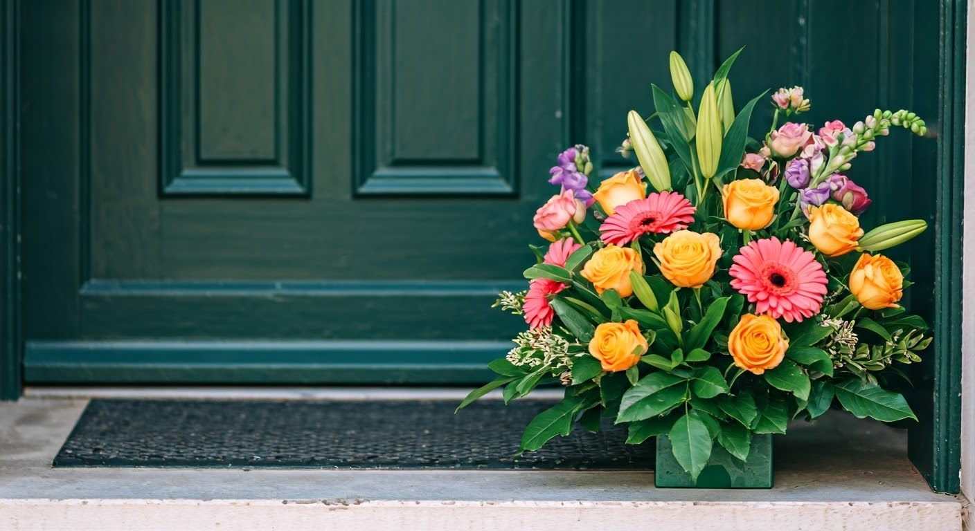 Floral arrangement delivery at a doorstep.