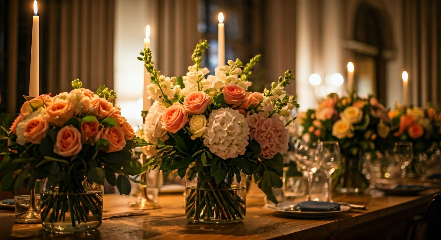 Table with flower arrangements for celebrations.