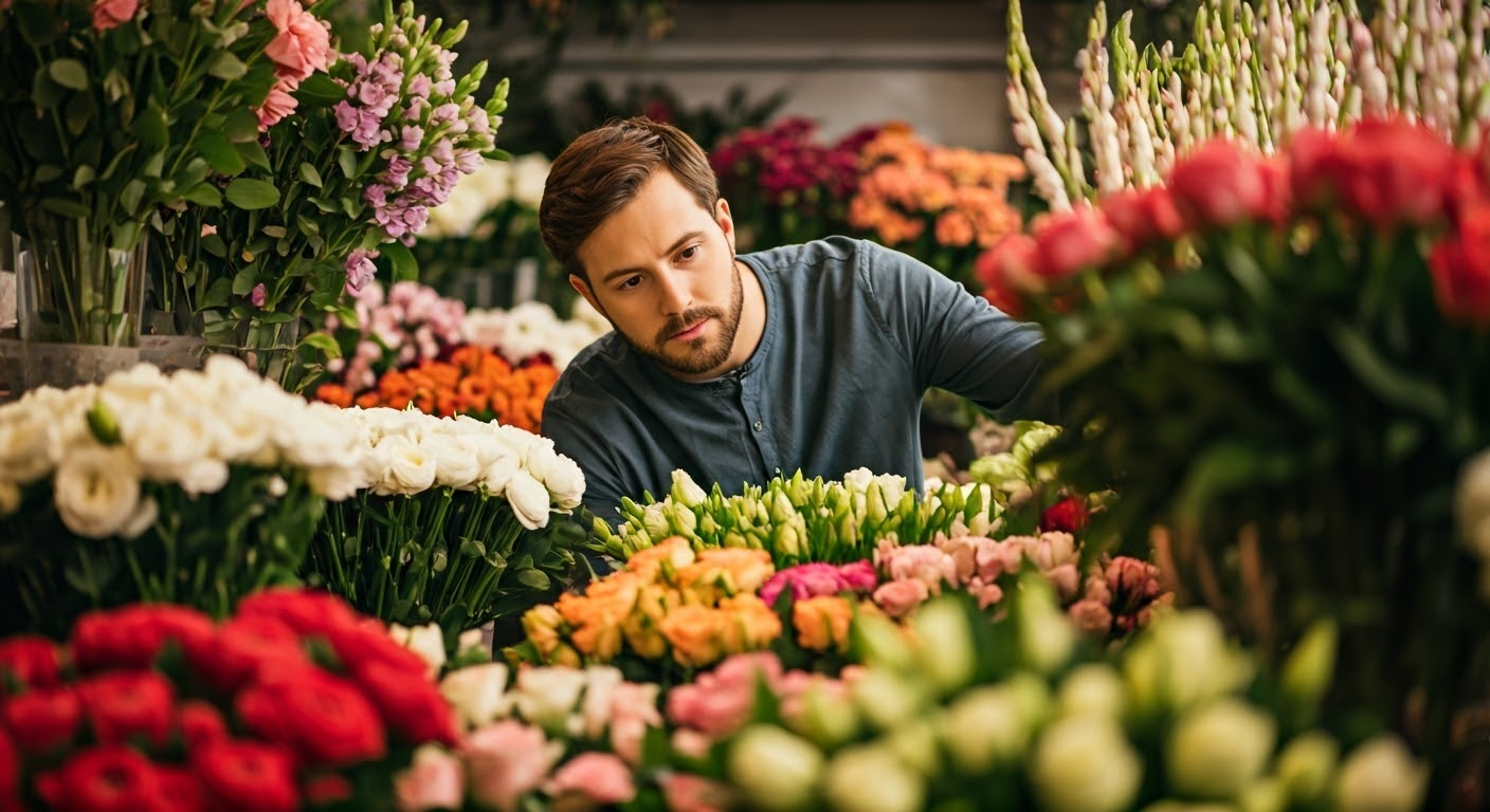 Person choosing flowers in florist shop