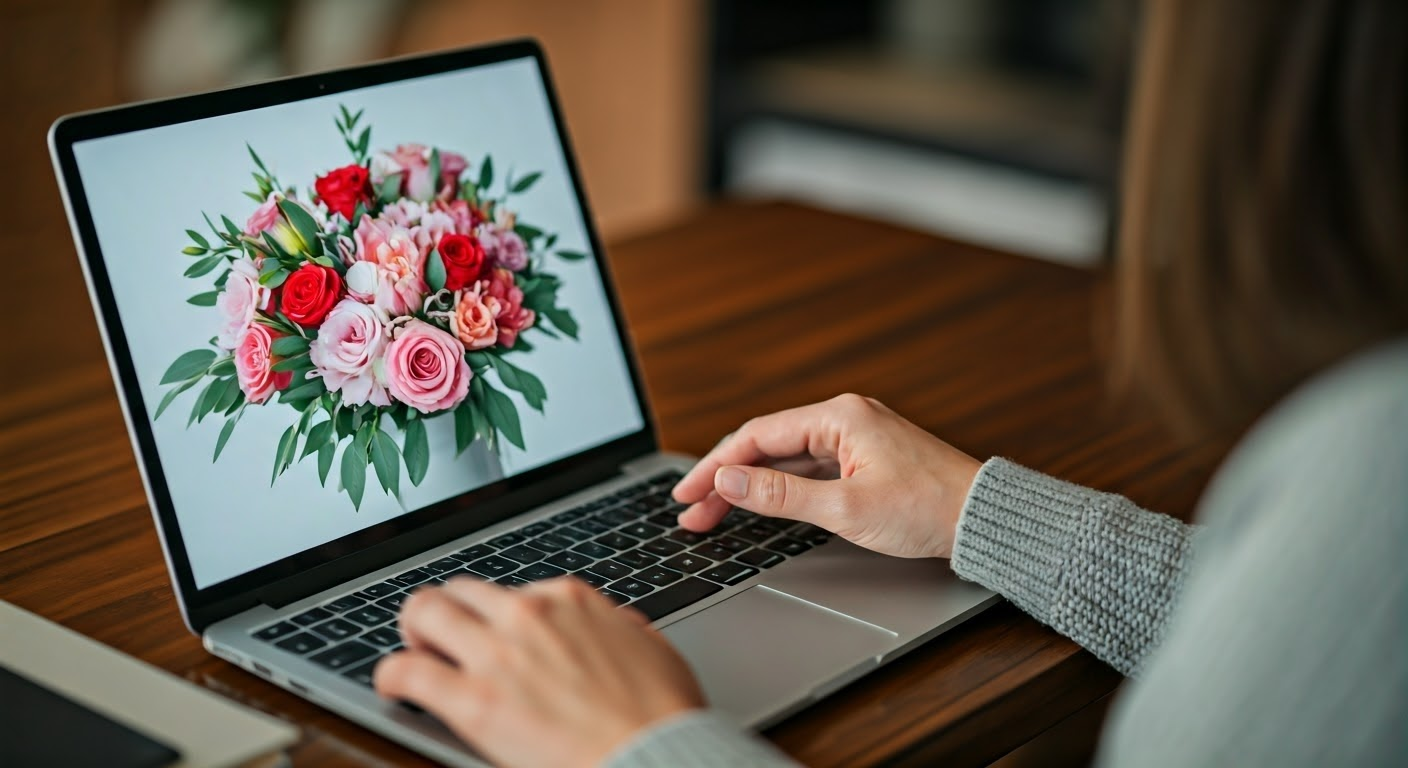 Person ordering flowers online on laptop.